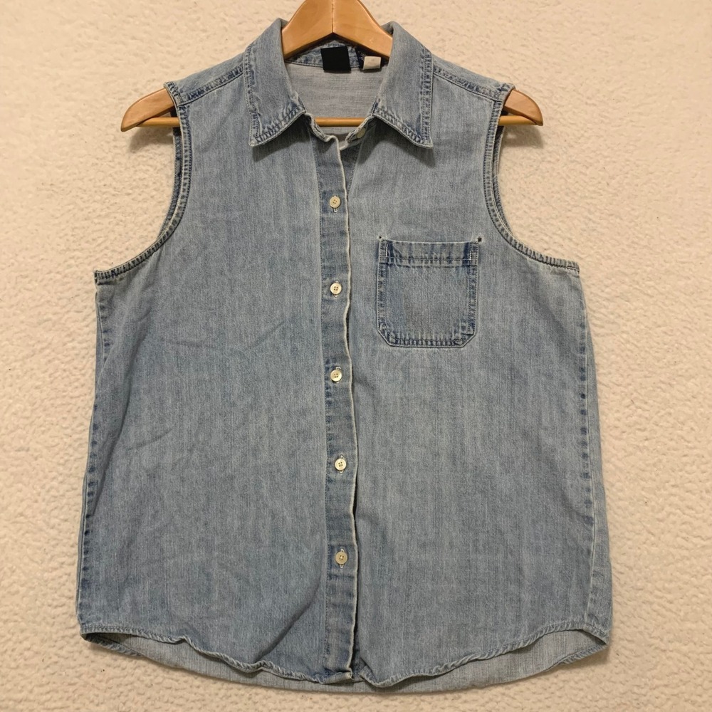 VTG Gap Sleeveless Denim Button Down Shirt Womens L Light Wash 100% Cotton Blue